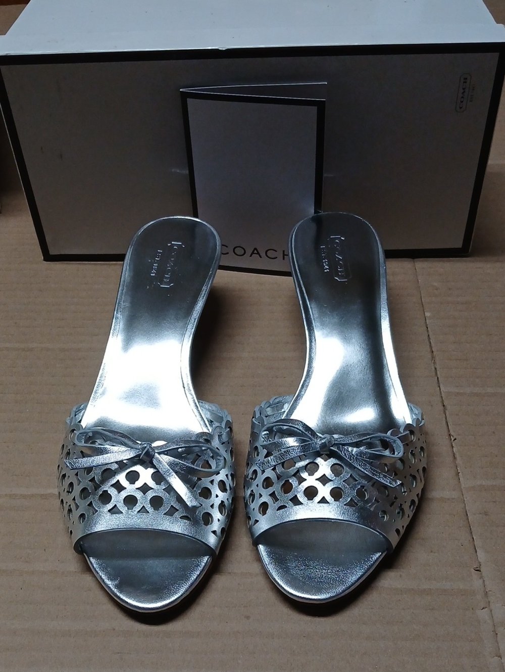 Coach Izabel Metallic Silver Leather Open Toe Slip-on Kitten Heels w/ Ribbons 10